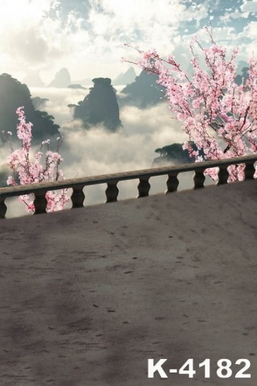 Mountaintop in Clouds Flowers Scenic Wall Photo Backdrops