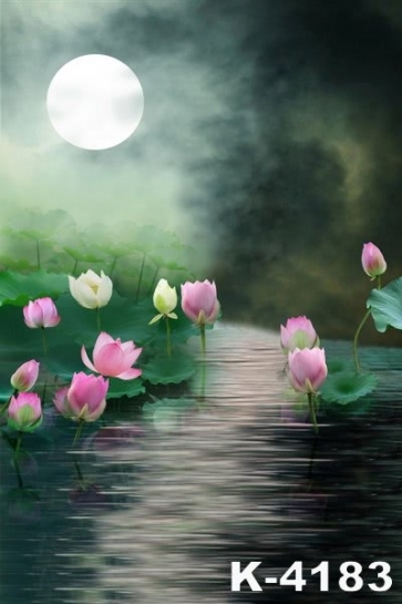 Lotus Leaf Flowers under Moonlight Scenic Wall Photo Backdrops