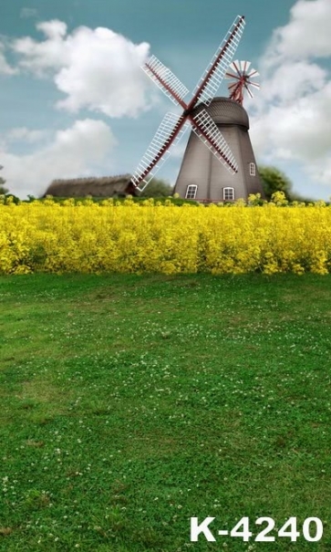 Yellow Cole Flowers Windmill Green Grassland Scenic Photo Prop Background