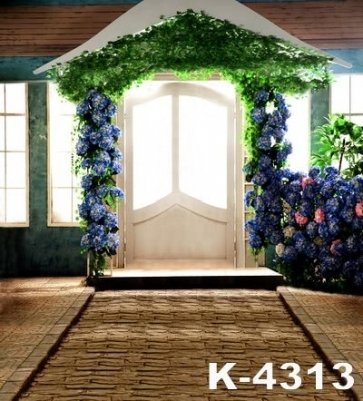 Green Leaves Blue Flowers Front Door Wedding Photographic Backdrops