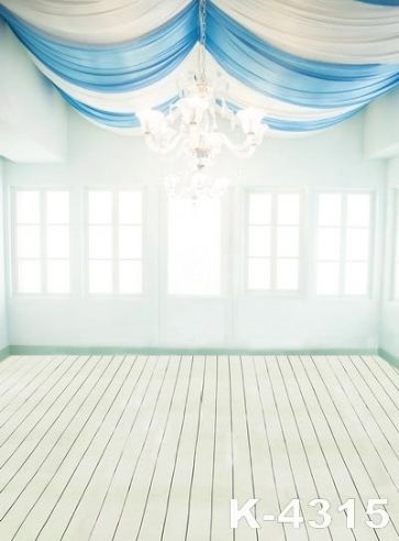 White Blue Ribbons on Ceiling Large Chandelier Wedding Photo Drop Background