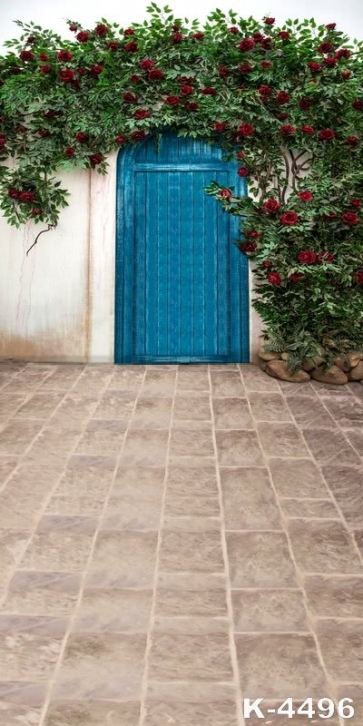 Green Leaves Red Flowers Blue Wood Door Photo Wall Backdrop