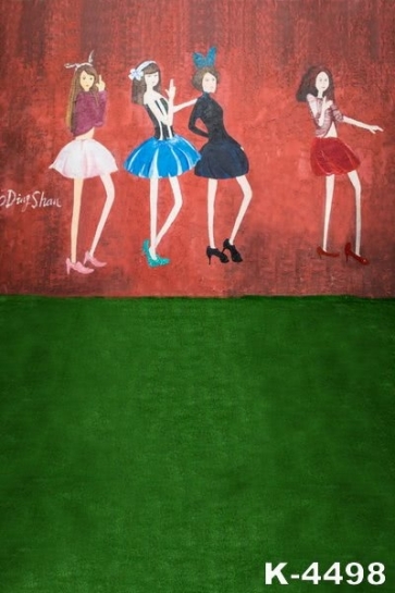 Green Grassland Red Wall Girls Painted Photography Backdrops