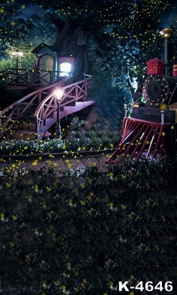 Nightscape Tree House Train in the Forest Scenic Wall Vinyl Photo Backdrops