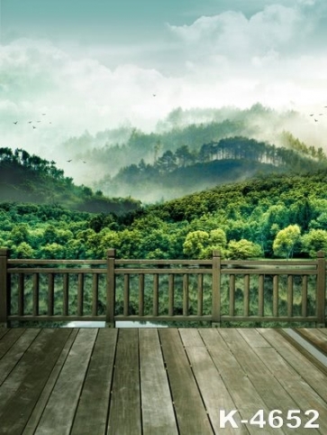 Green Mountains in Clouds Wood Floor Vinyl Photography Backdrops