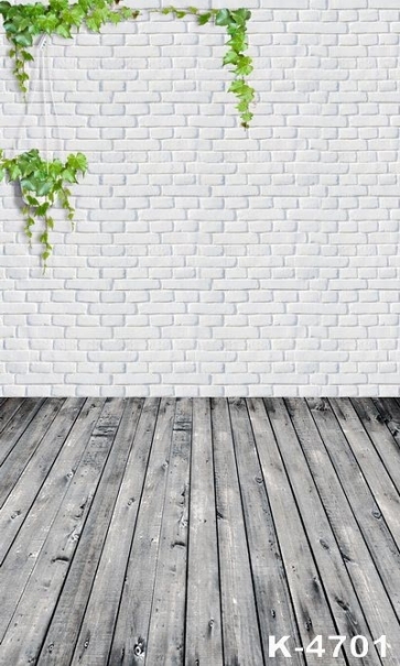 Wooden Floor Green Creeping Plant White Brick Plain Wall Backdrops