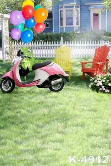 Colorful Balloons Tied to Motorcycle Chairs in Yard Photo Drop Background