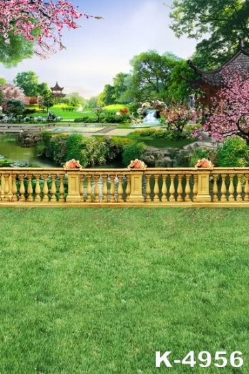 Ancient Chinese Gardens Green Grassland Garden Backdrop Scenic Photo Prop Background