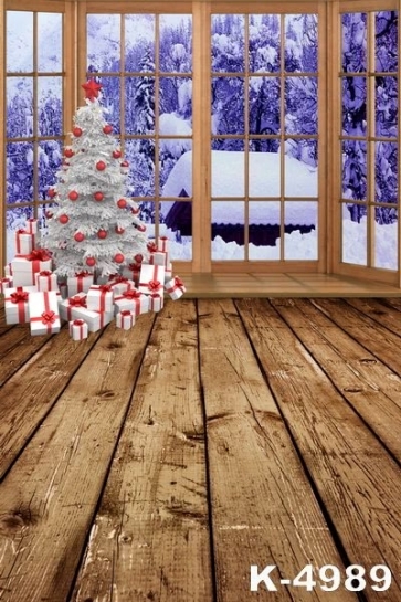 White Christmas Tree Wooden Floor Window Photography Backdrop