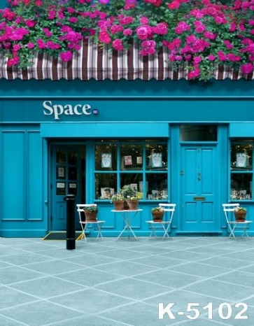 Blue Store with Flowers Building Vinyl Photography Backdrops