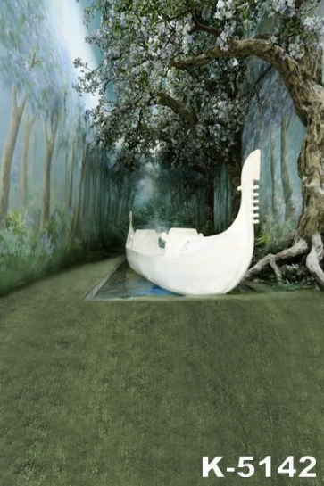 Scenic Green Grass White Boat Trees Flowers Backdrops for Pictures