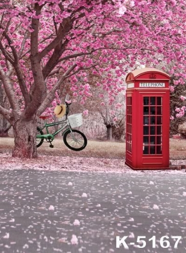 Telephone Booth by Road Flowers Garden Photo Backdrops