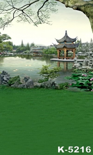 Ancient Chinese Gardens Lotus Pond Green Grassland Scenic Drop Studios Backdrops