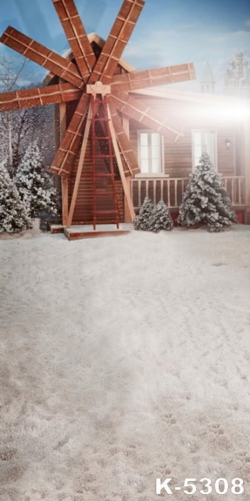 Winter Windmill Wood House Scenic Vinyl Photo Backdrops
