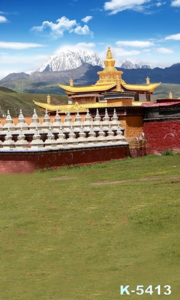 Gold Tone Roof Temple on Green Grassland Scenic Photo Backdrop