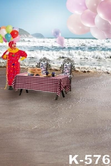 Colorful Balloons Clown Standing by Dining Table Seaside Beach Background