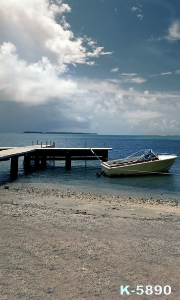 Cloudy Day Summer Holiday Boat by Seaside Beach Photo Backdrop