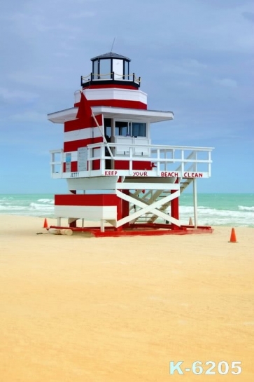 White Red Watchtower by Seaside Beach Photo Drop Background