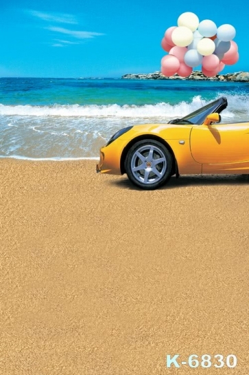 Yellow Car Colorful Balloons by Seaside Beach Backdrops for Pictures