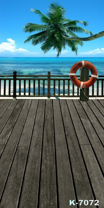 Green Coconut Tree Wood Floor Beach Photographic Backdrops