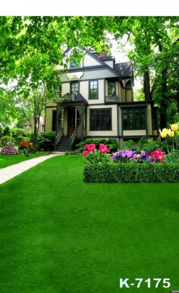 Multicolor Flowers Green Grassland Outside the House Scenic Drop Studios Backdrops