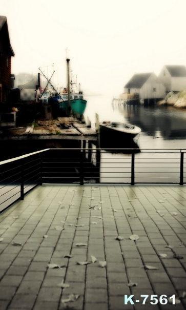 Fishing Village Harbour Boats by Riverside Scenic Picture Backdrop  