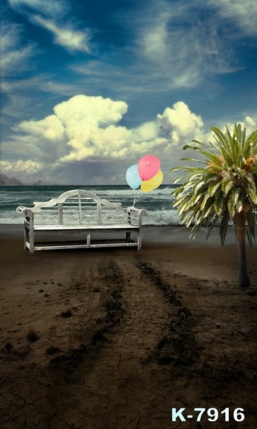White Chair Colorful Balloons Coconut Tree Seaside Photo Backdrop