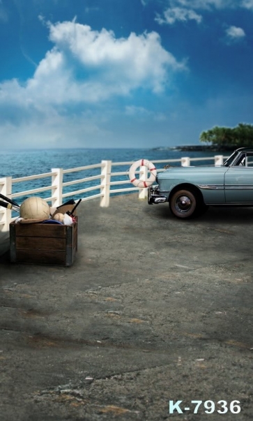 Retro Car by Seaside Scenic Backdrop Background for Photography
