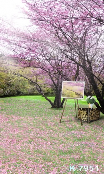 Flower Petals Falling on the Green Grassland Painting Scenic Photography Photo Backdrops