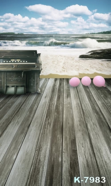 Piano on Wood Floor Seaside Waves Beach Unique Photography Backdrops