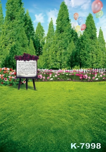 Green Trees Multicolor Balloons Flowers Green Grassland Scenic Pro Photo Backdrops