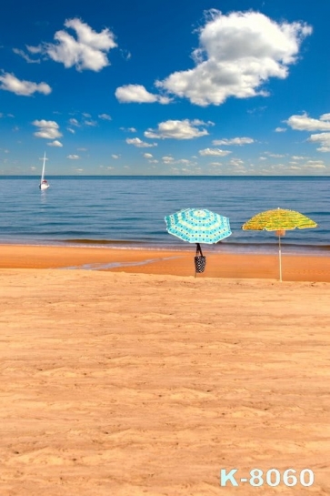 Summer Holiday Blue Sea Yellow Beach Umbrella Scenic Photo Backdrop