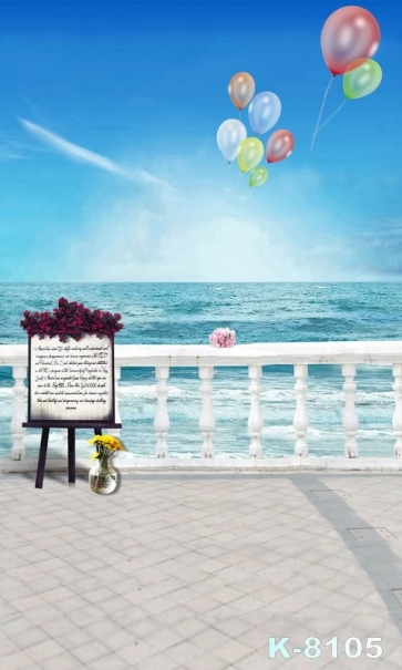 Colorful Balloons Flying over Blue Sea Scenic Photo Prop Background