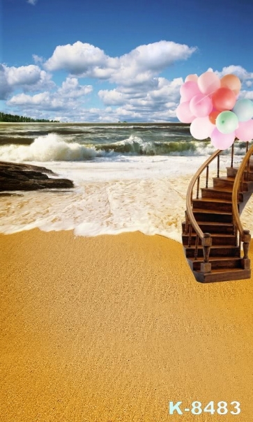 Colorful Balloons Wood Stairs by Seaside Beach Photo Backdrops