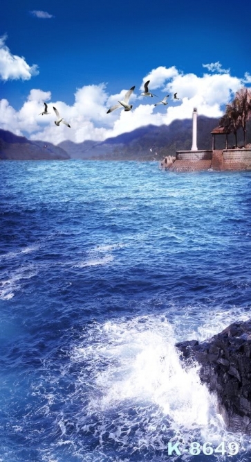 White Seagulls over Blue Sea Scenic Photo Drop Background