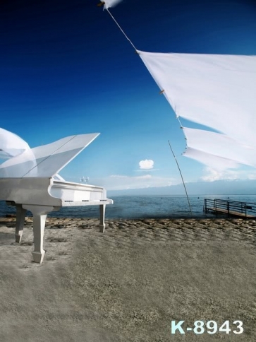 Seaside White Piano by Beach Backdrop Background for Photography