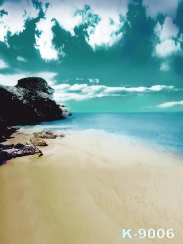 Green Sky Blue Sea Seaside Rocks Beach Photography Backdrop