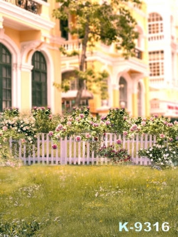 Multicolor Flowers by the FenceGreen Grass Land Scenic Camera Backdrops