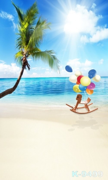Colorful Balloons Wooden Horse Coconut Tree Beach Photo Backdrop