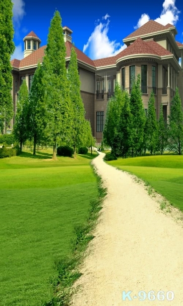 Green Grassland Trees Road to House Scenic Photographic Backdrops