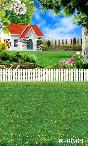 Red Roof White House on the Green Grassland Yellow Flowers Scenic Photo Backdrops