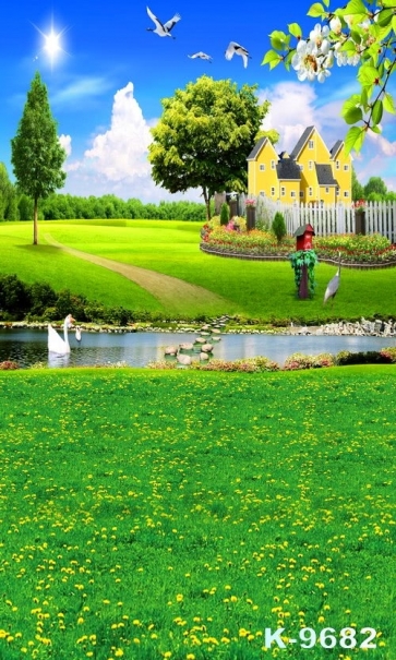 Rustic Small Yellow Flowers Green Grassland Swan in River Yellow Houses Scenic Picture Backdrop