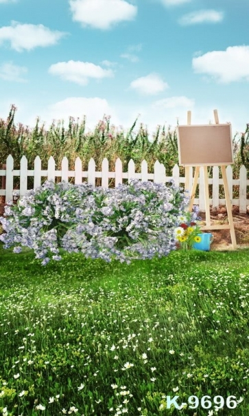 Rustic Flowers Green Grassland Fence Scenic Backdrop Background for Photography