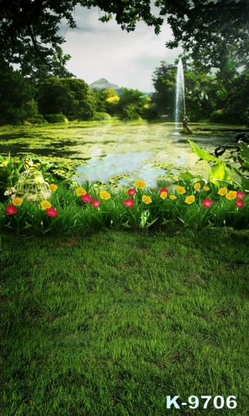 Spring Green Grassland Flowers Pond Scenic Affordable Photo Backdrops
