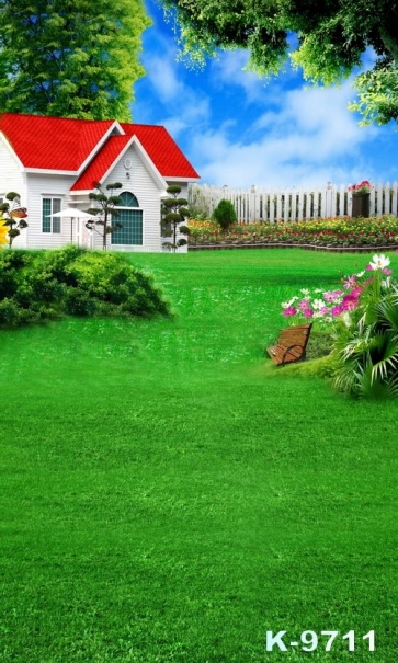 Spring Red Roof White House Green Grassland Scenic Photography Background Props