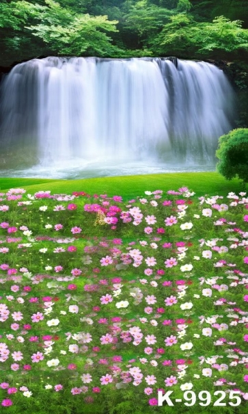 Flowers Nursery in Front of Waterfall Green Spring Photo Backdrop