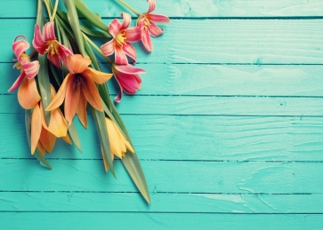 Retro Green Wood Board With Flowers Backdrop Photography Background