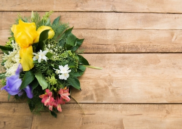 Horizontal Texture Wood Picture Backdrop with Green Leaves Colorful Flowers Bouquet