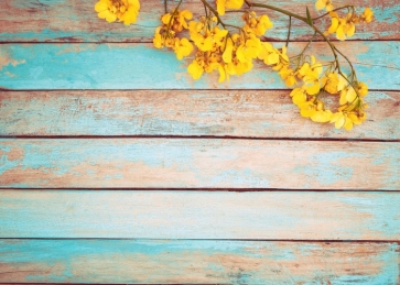 Blue Oil Paint on Wood Floor Unique Photography Backdrops with Yellow Flowers