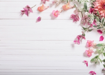 White Wood Backdrop Background for Photography with Colorful Leaves Flowers